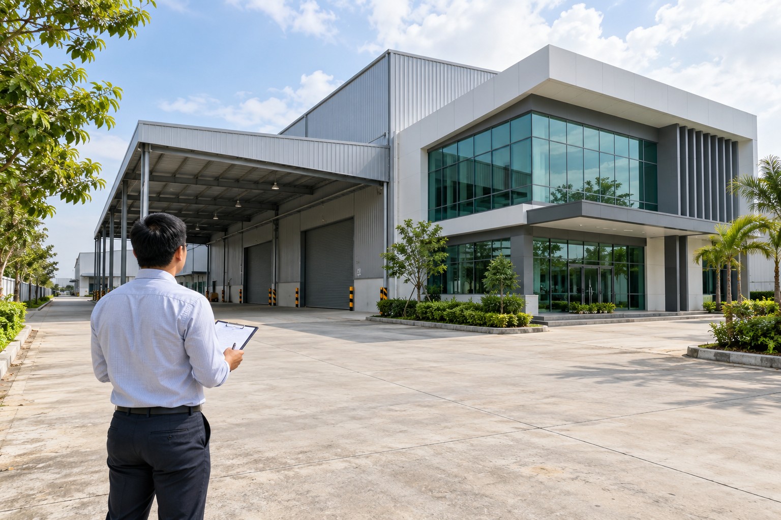 Illustration of a factory viewer checking a detached industrial building and loading access